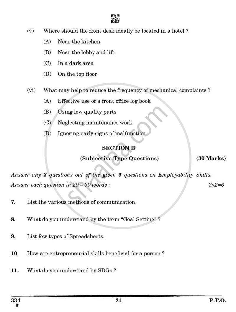 Front Office Operations 2024-2025 Class 12 - CBSE (Central Board of Secondary Education) question paper with PDF download