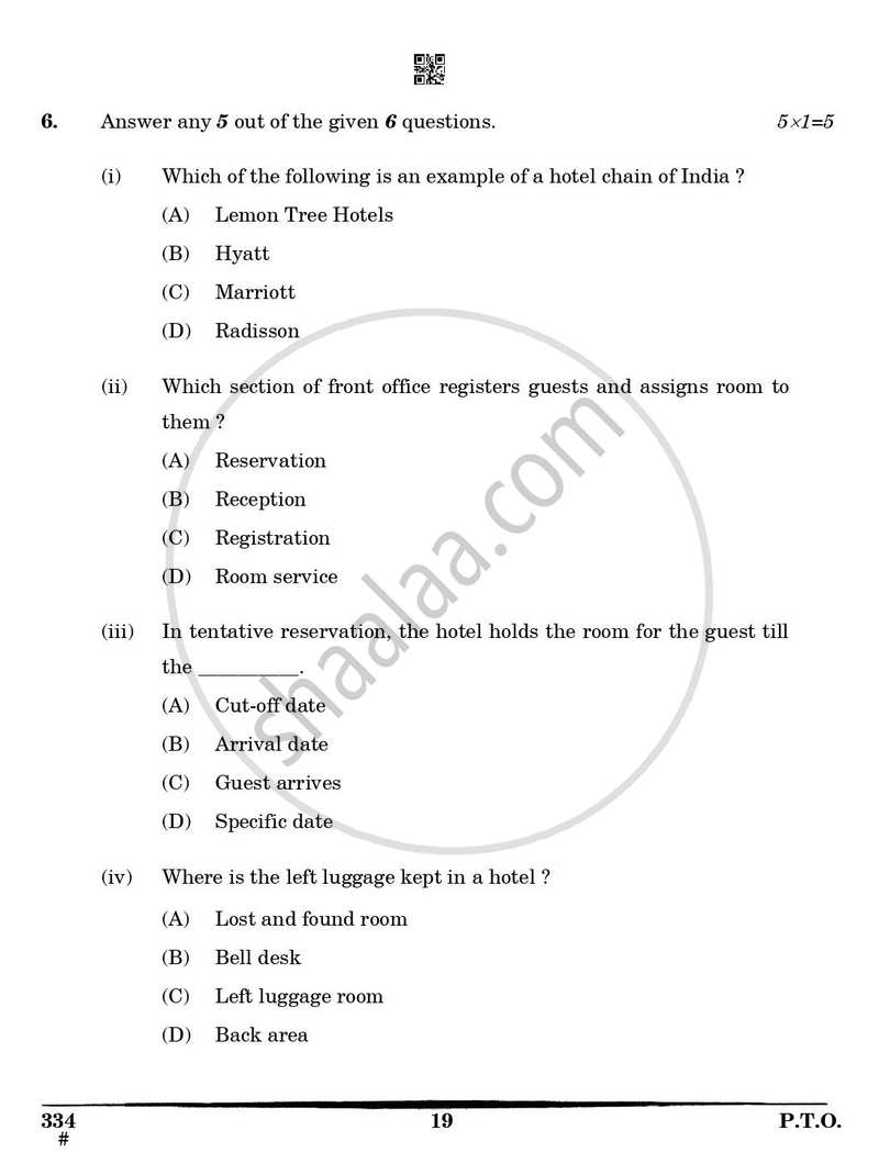 Front Office Operations 2024-2025 Class 12 - CBSE (Central Board of Secondary Education) question paper with PDF download