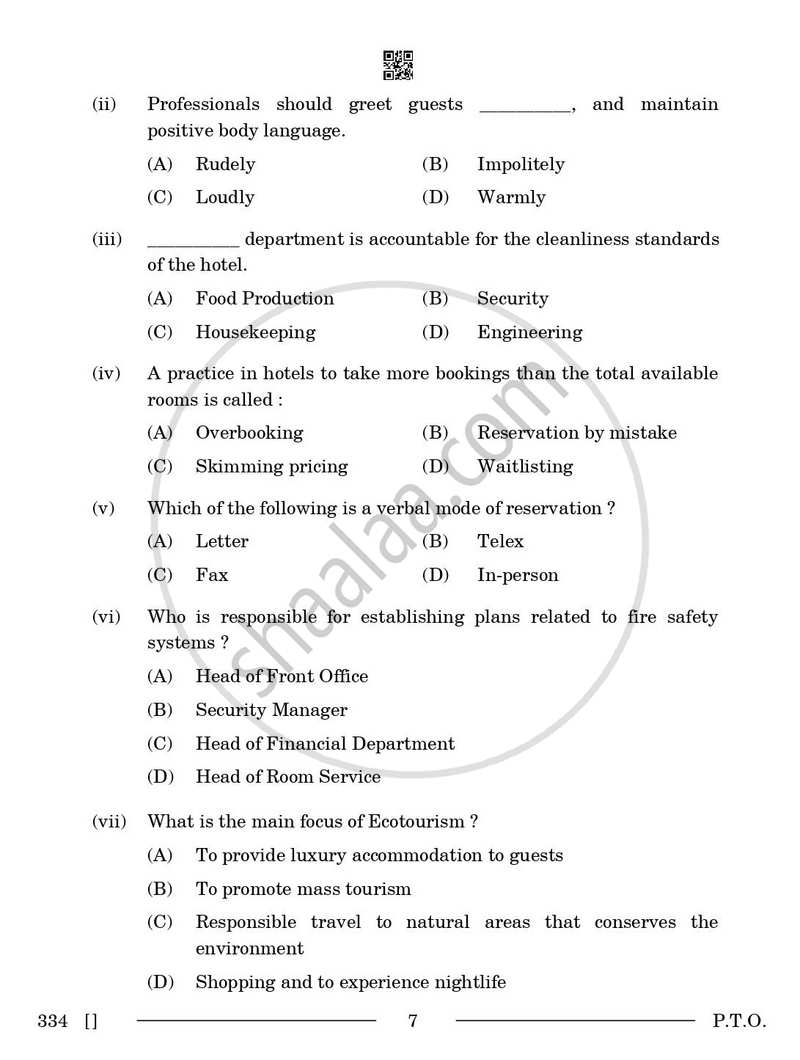 Front Office Operations 2025-2026 Class 12 - CBSE (Central Board of Secondary Education) question paper with PDF download