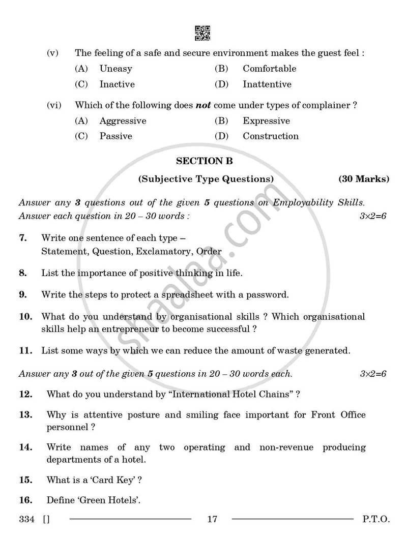 Front Office Operations 2025-2026 Class 12 - CBSE (Central Board of Secondary Education) question paper with PDF download