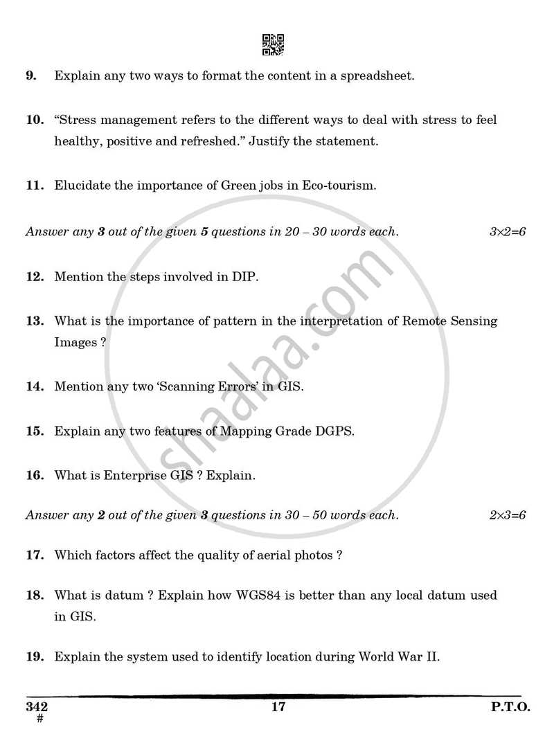 Geospatial Technology 2024-2025 Class 12 - CBSE (Central Board of Secondary Education) question paper with PDF download