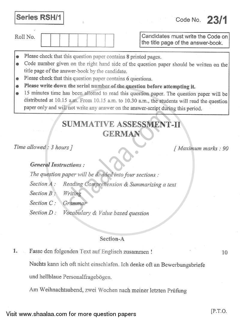 German 2012-2013 Class 10 - CBSE (Central Board of Secondary Education) question paper with PDF download