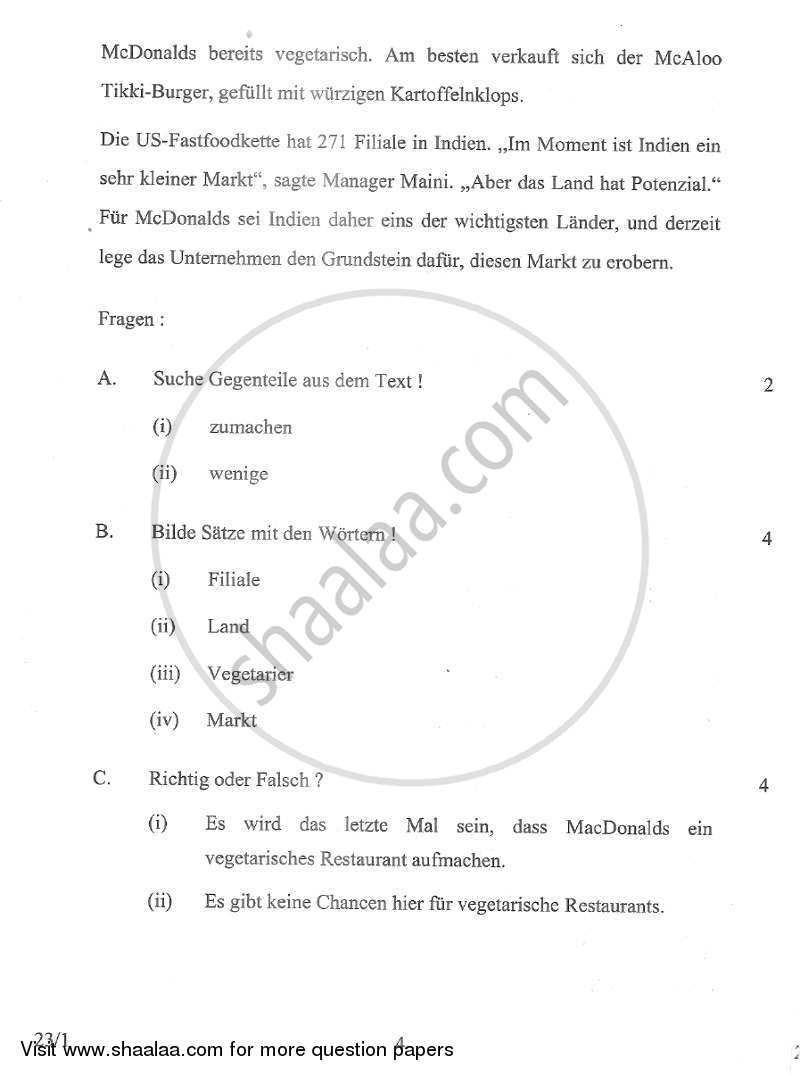 German 2012-2013 Class 10 - CBSE (Central Board of Secondary Education) question paper with PDF download