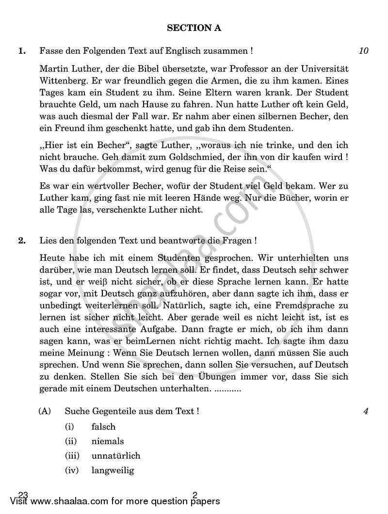 German 2013-2014 Class 10 - CBSE (Central Board of Secondary Education) question paper with PDF download