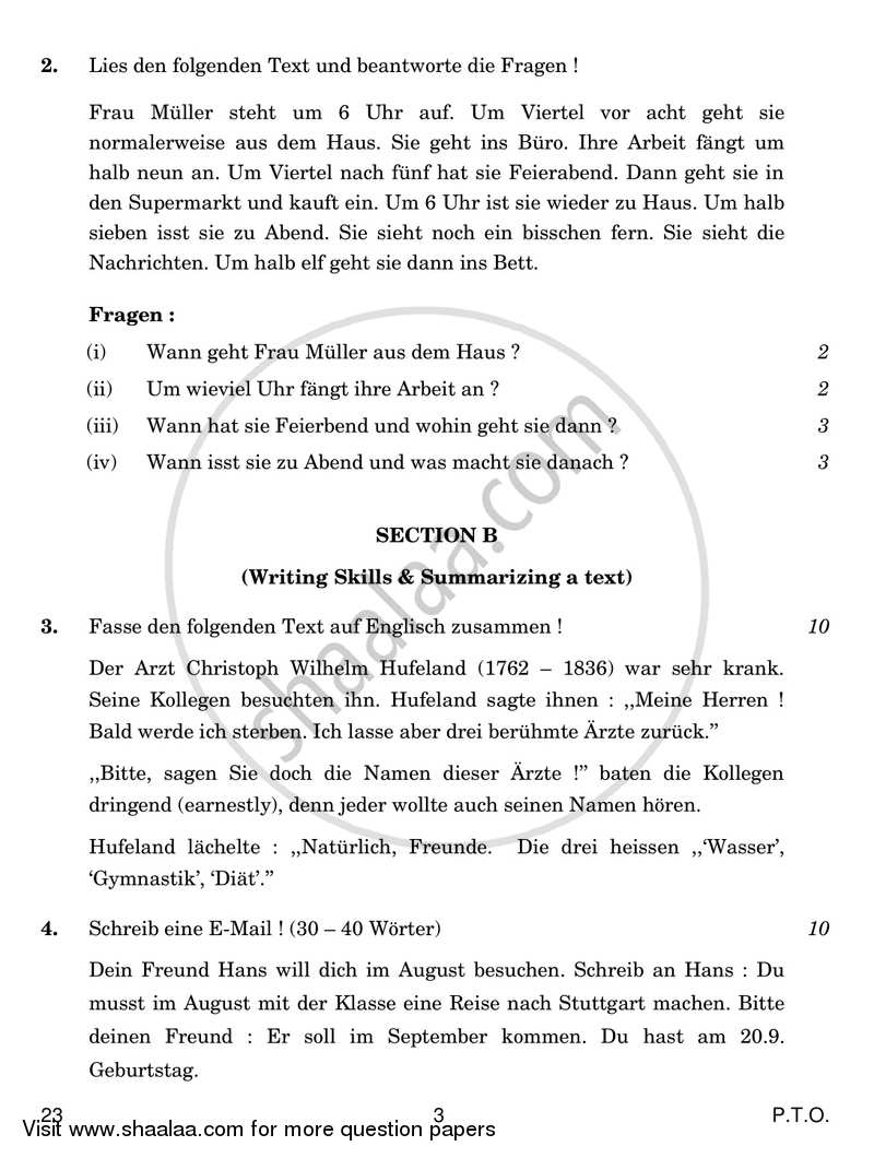 German 2016-2017 Class 10 - CBSE (Central Board of Secondary Education) question paper with PDF download