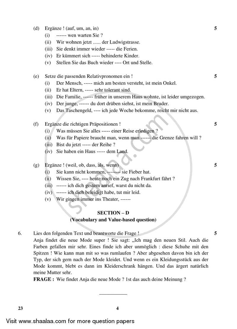 German 2017-2018 Class 10 - CBSE (Central Board of Secondary Education) question paper with PDF download
