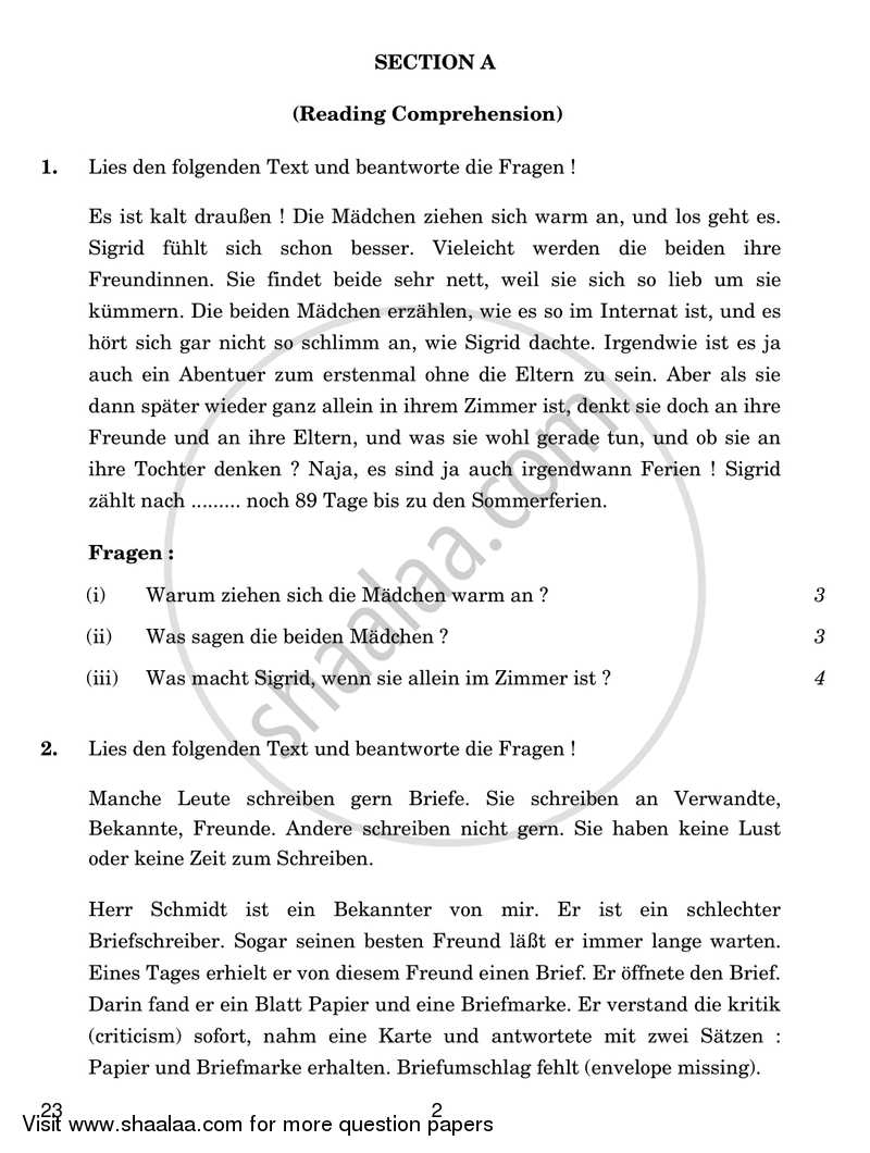 German 2018-2019 Class 10 - CBSE (Central Board of Secondary Education) question paper with PDF download