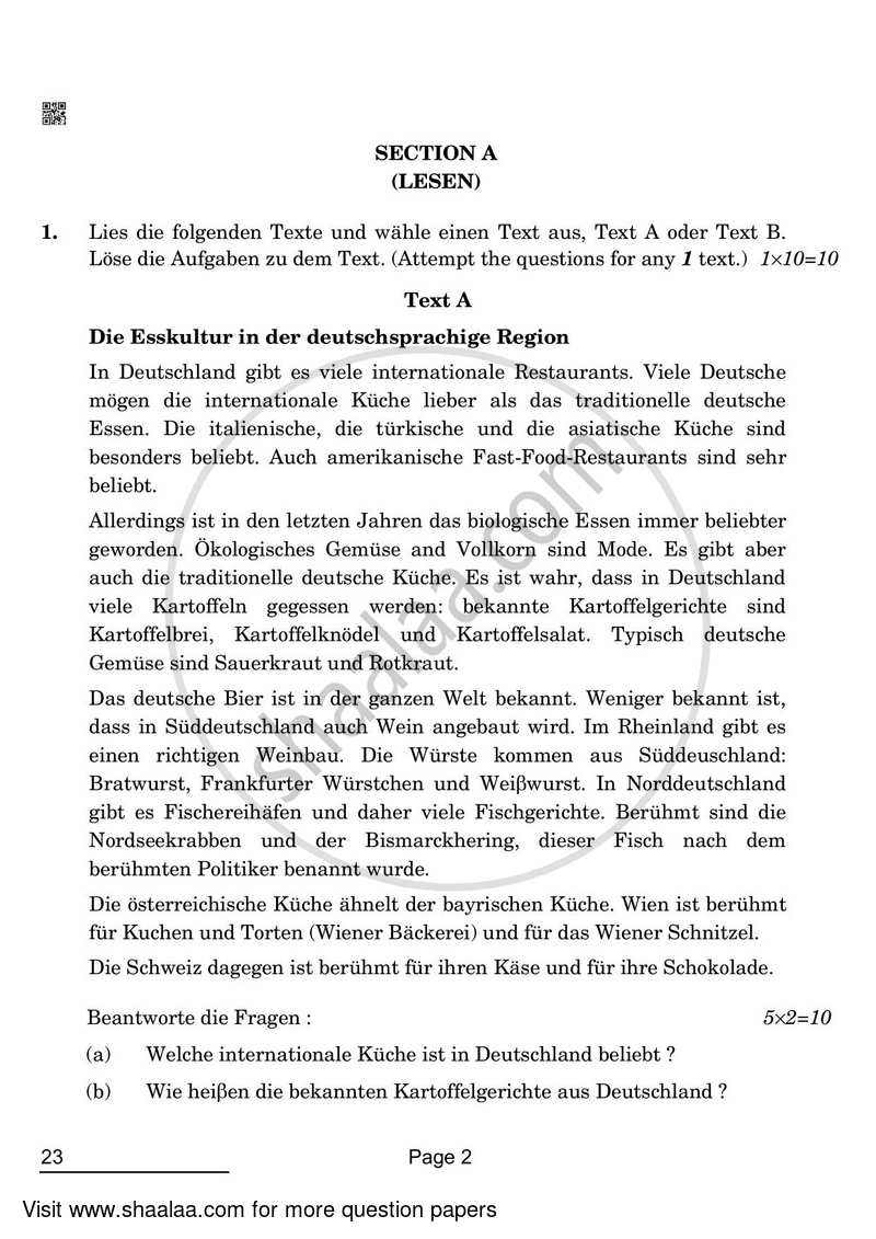 German 2021-2022 Class 10 - CBSE (Central Board of Secondary Education) question paper with PDF download