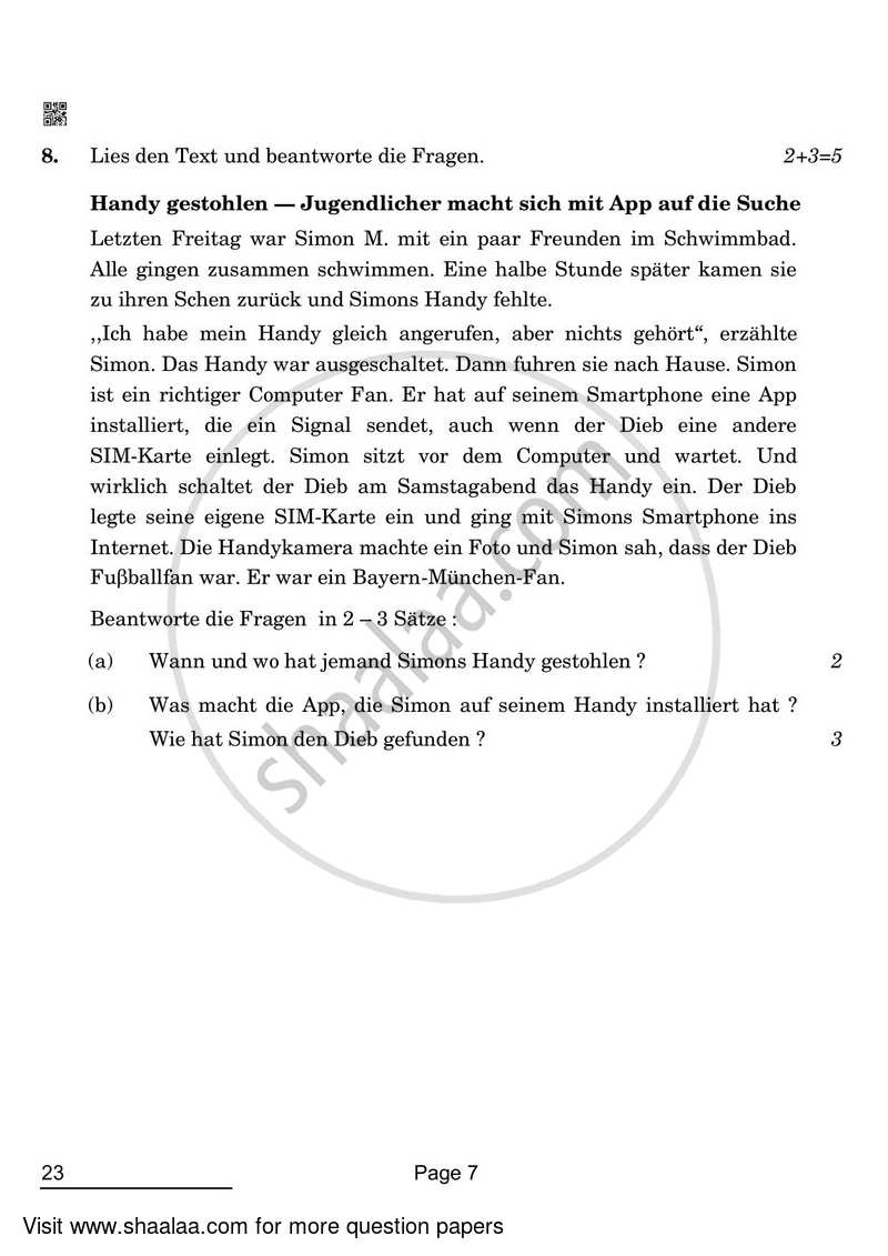 German 2021-2022 Class 10 - CBSE (Central Board of Secondary Education) question paper with PDF download