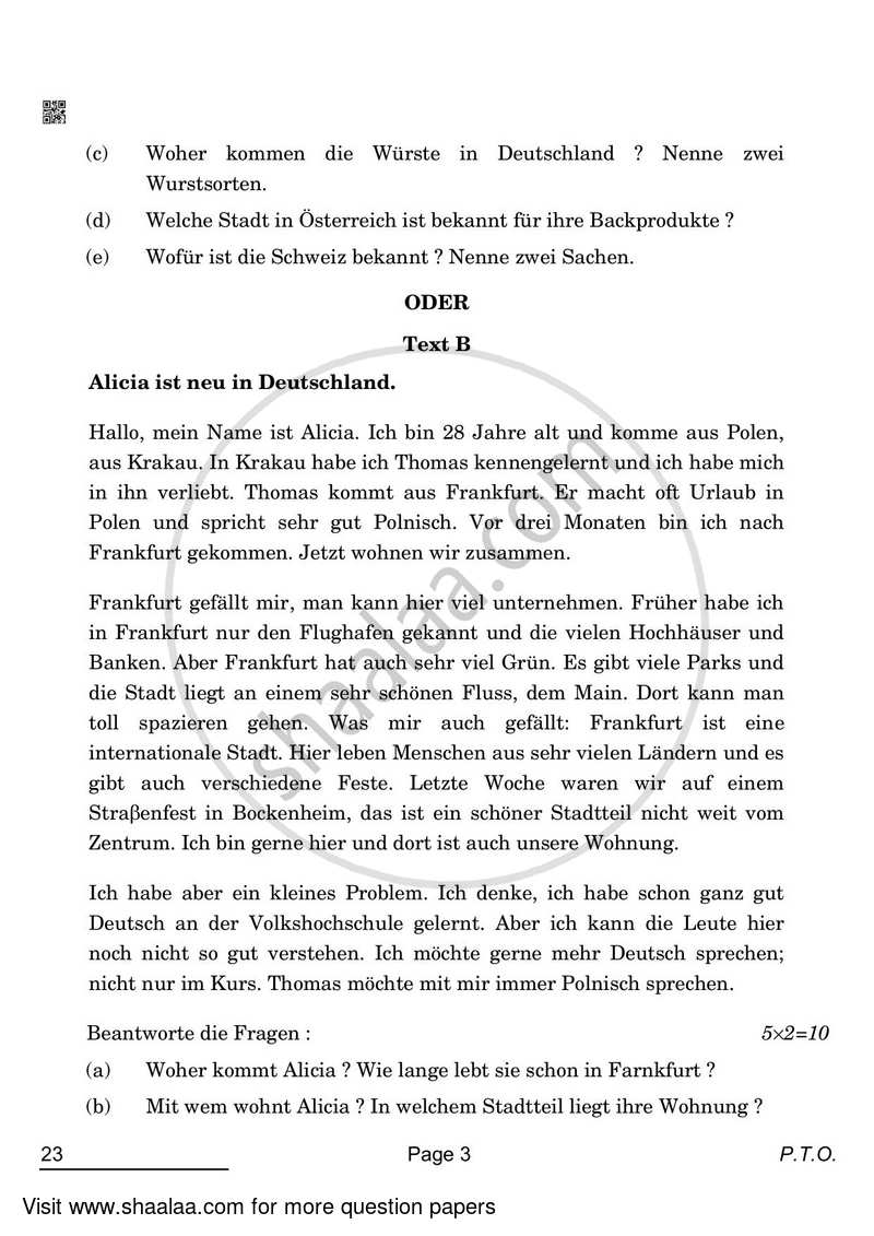 German 2021-2022 Class 10 - CBSE (Central Board of Secondary Education) question paper with PDF download