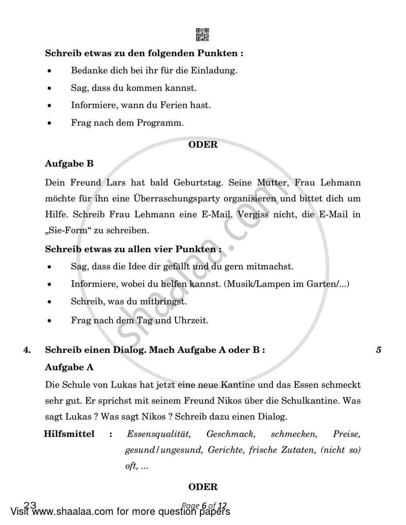 German 2022-2023 Class 10 - CBSE (Central Board of Secondary Education) question paper with PDF download