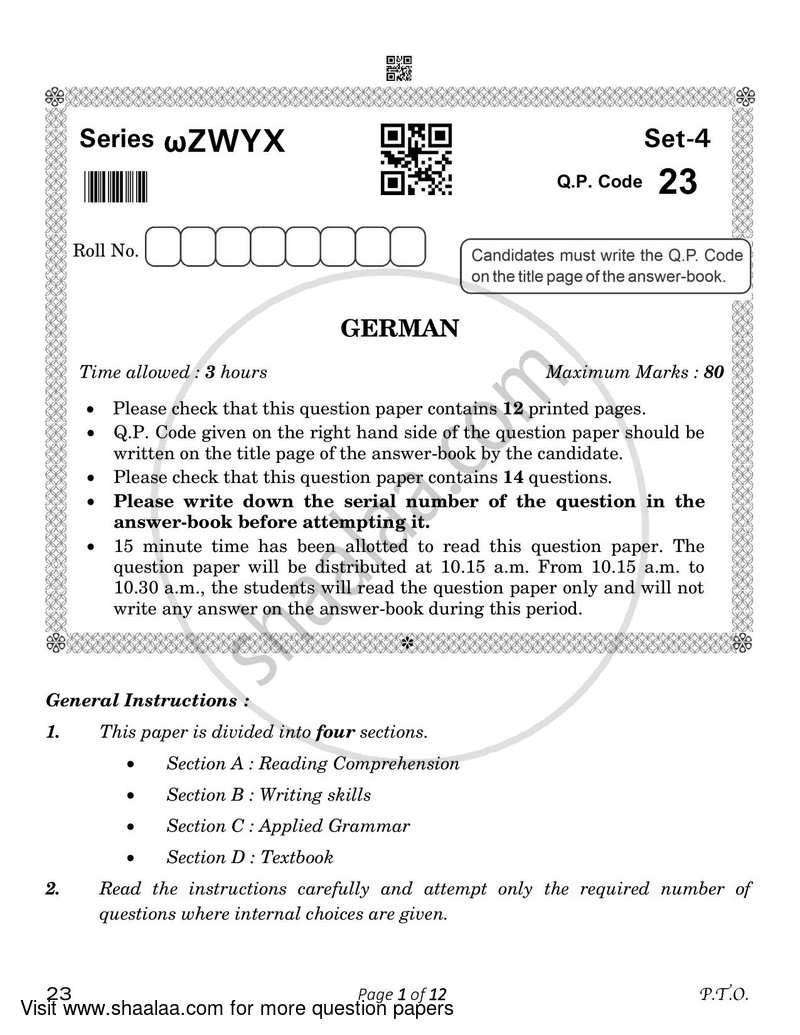 German 2022-2023 Class 10 - CBSE (Central Board of Secondary Education) question paper with PDF download