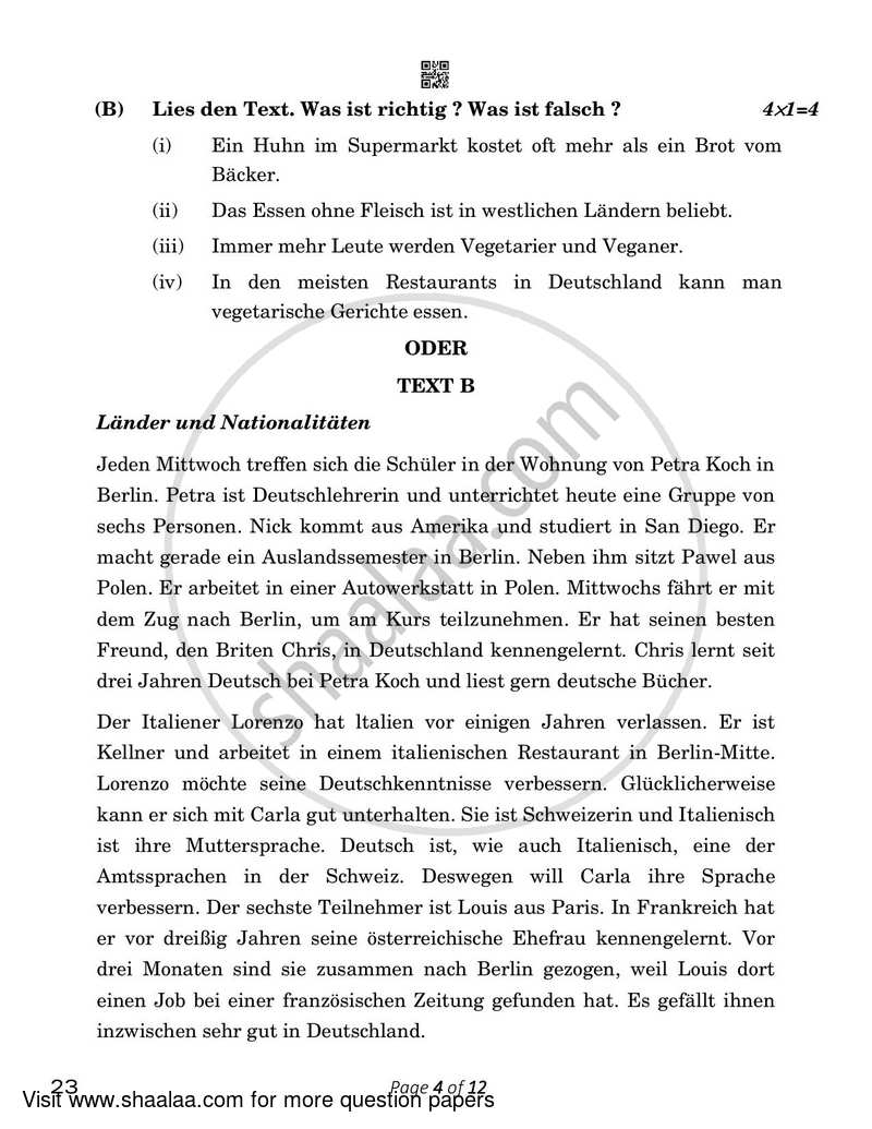 German 2022-2023 Class 10 - CBSE (Central Board of Secondary Education) question paper with PDF download