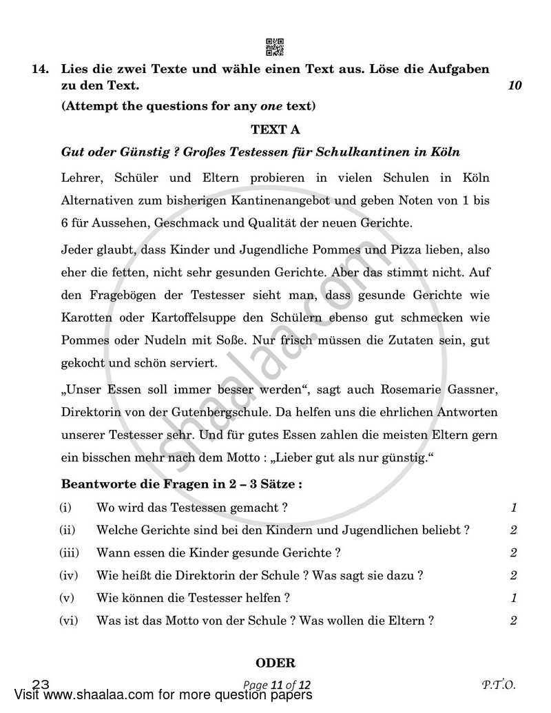 German 2022-2023 Class 10 - CBSE (Central Board of Secondary Education) question paper with PDF download