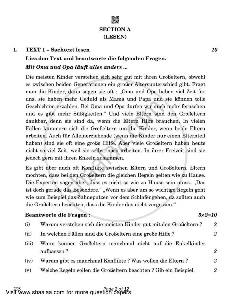 German 2022-2023 Class 10 - CBSE (Central Board of Secondary Education) question paper with PDF download