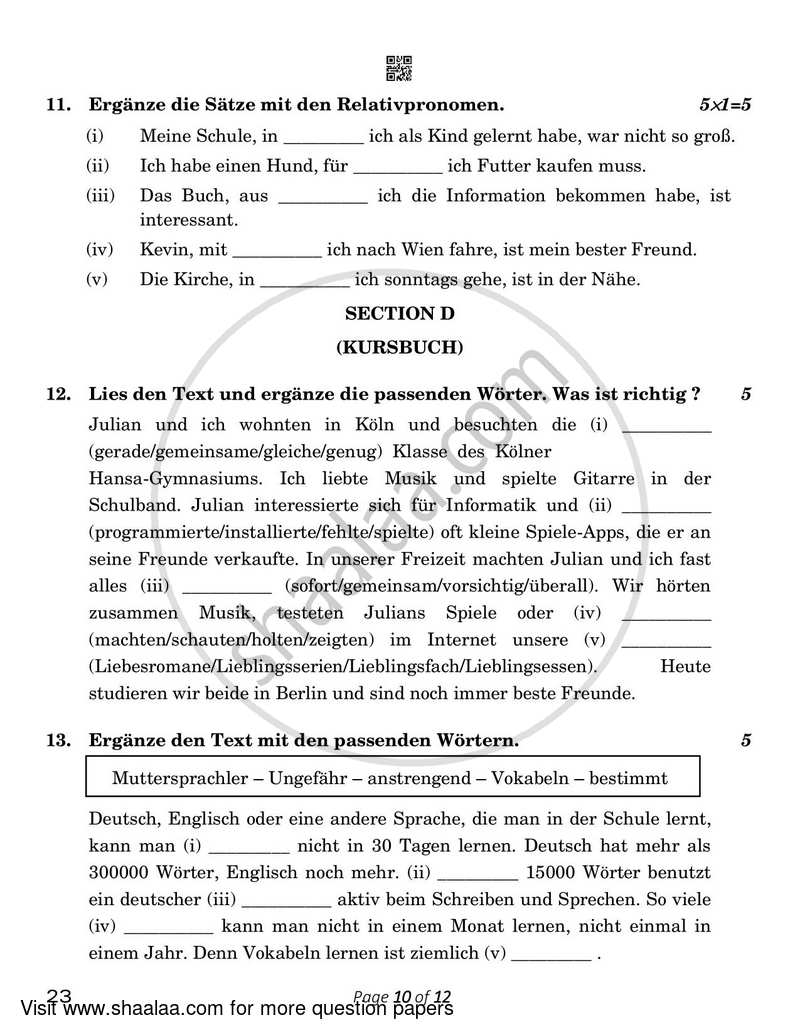 German 2022-2023 Class 10 - CBSE (Central Board of Secondary Education) question paper with PDF download