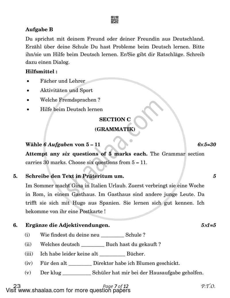 German 2022-2023 Class 10 - CBSE (Central Board of Secondary Education) question paper with PDF download