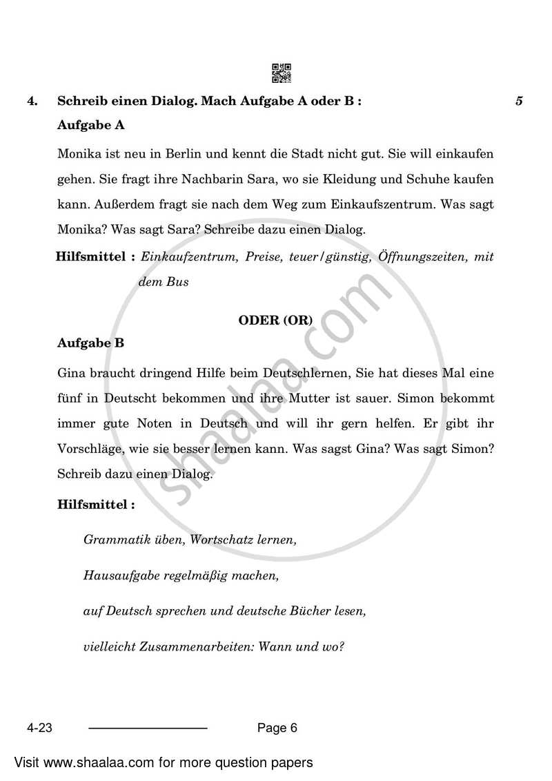 German 2023-2024 Class 10 - CBSE (Central Board of Secondary Education) question paper with PDF download