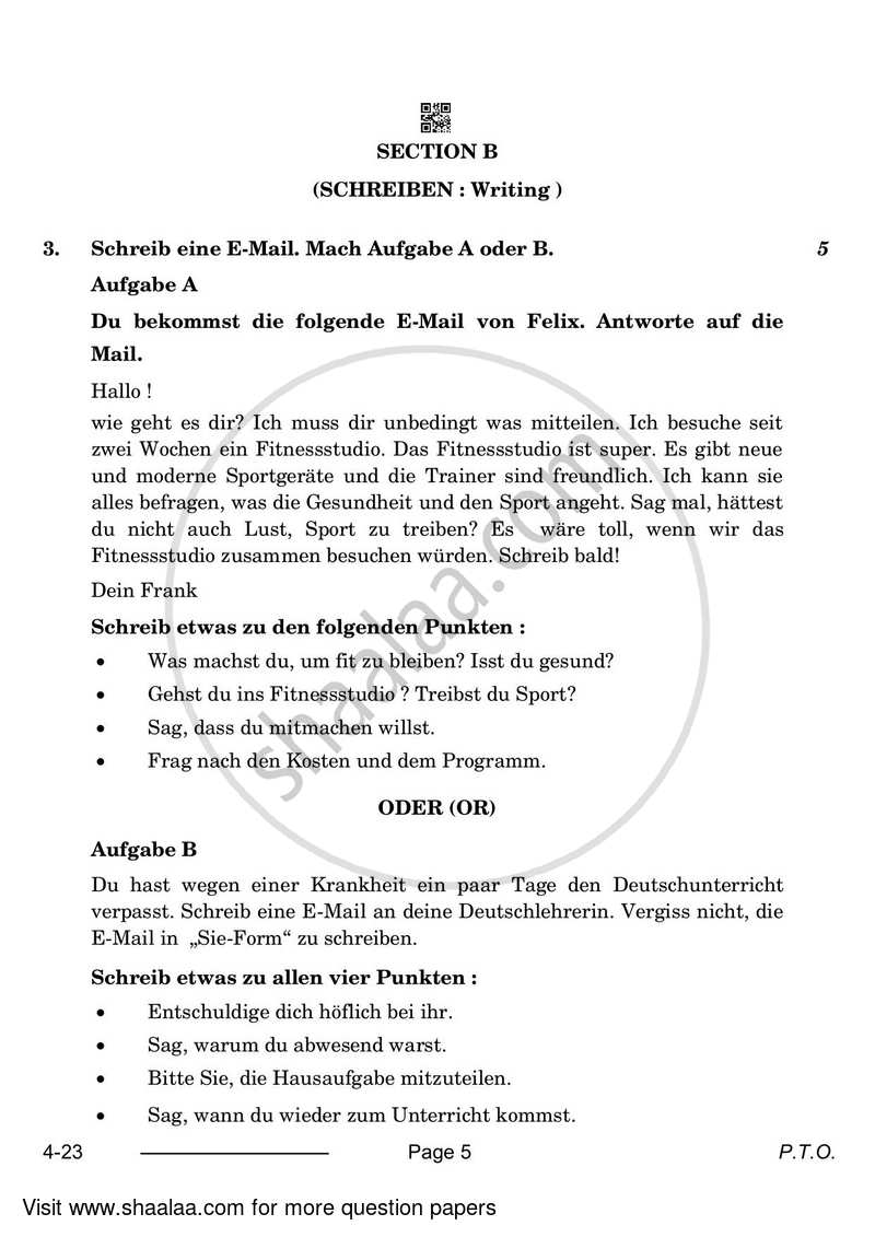 German 2023-2024 Class 10 - CBSE (Central Board of Secondary Education) question paper with PDF download