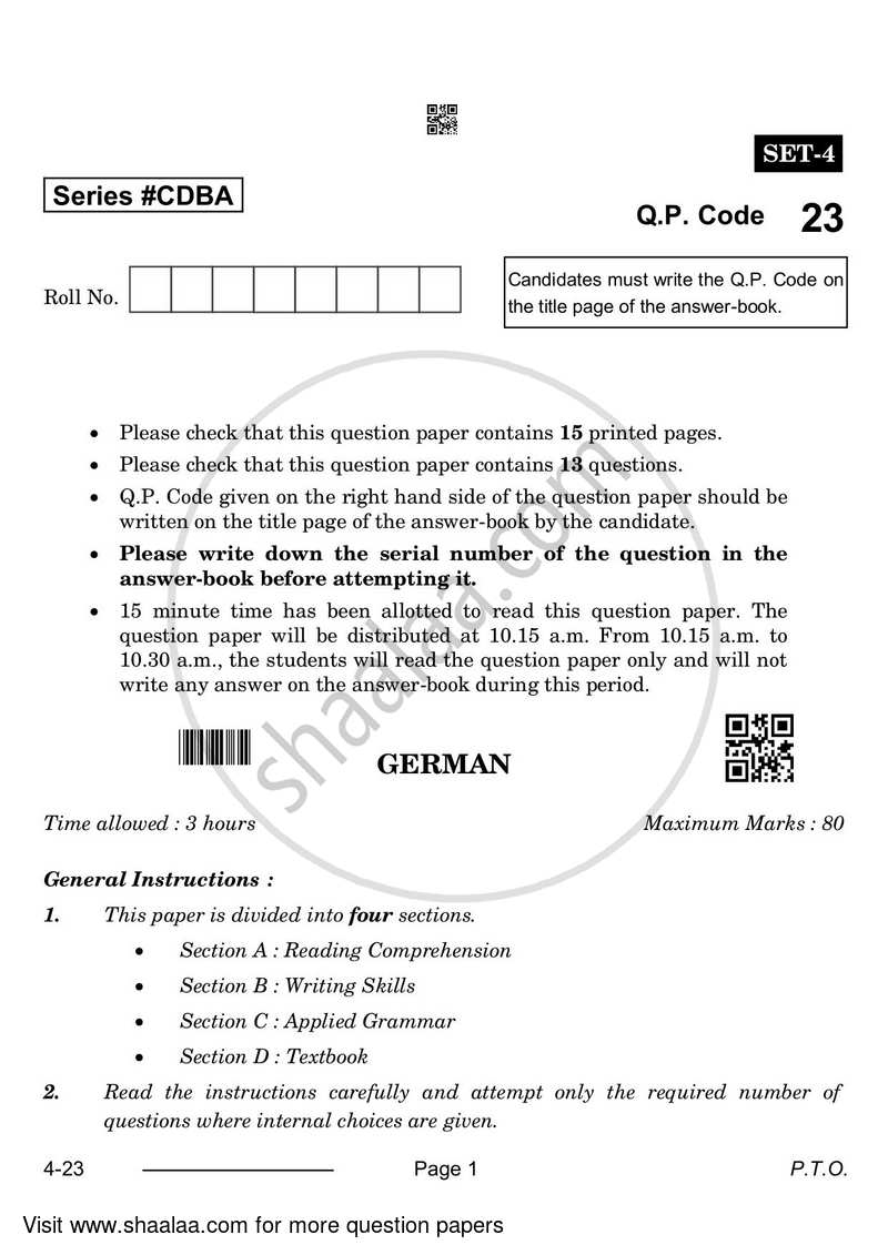 German 2023-2024 Class 10 - CBSE (Central Board of Secondary Education) question paper with PDF download