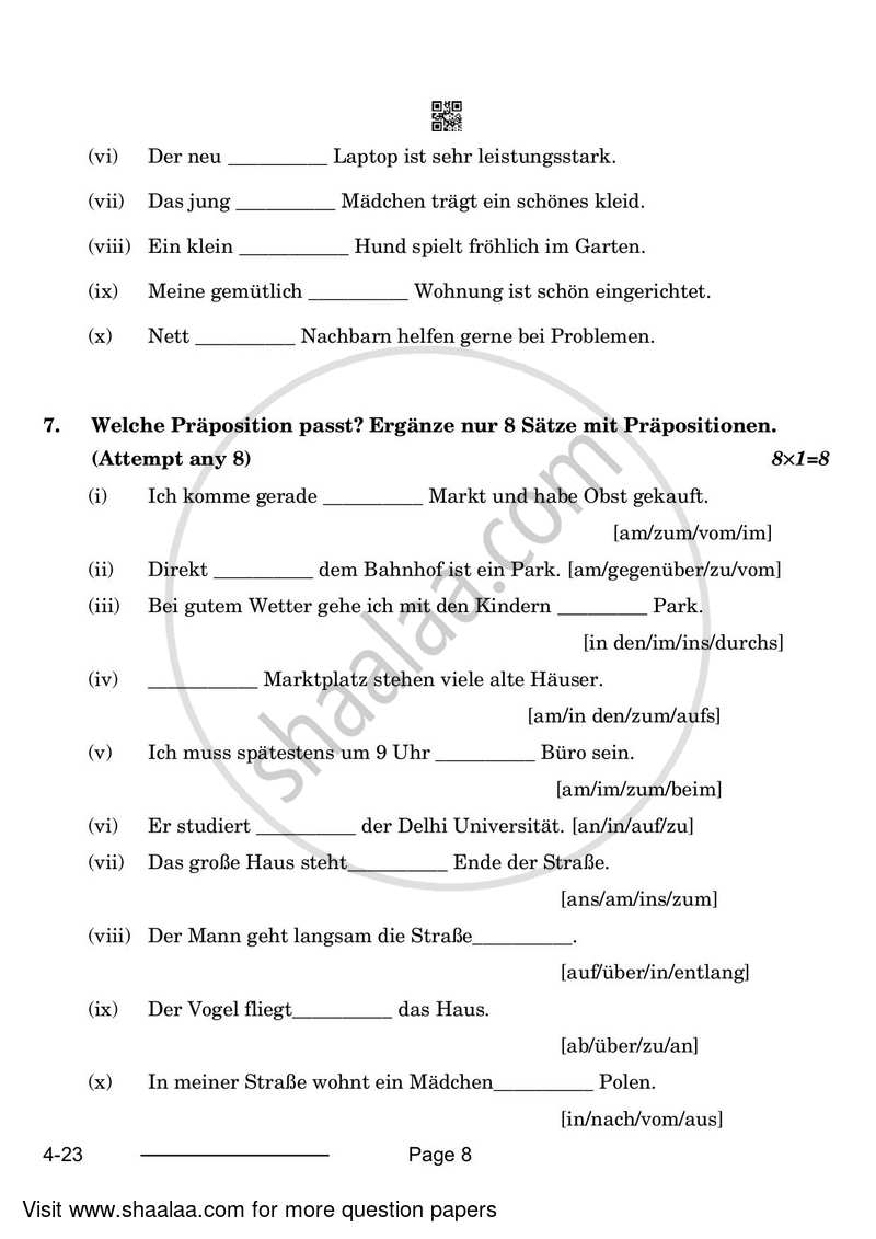 German 2023-2024 Class 10 - CBSE (Central Board of Secondary Education) question paper with PDF download