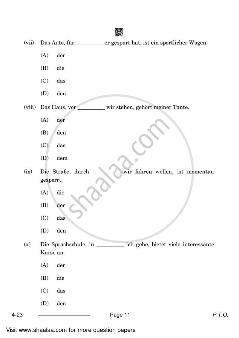 German 2023-2024 Class 10 - CBSE (Central Board of Secondary Education) question paper with PDF download