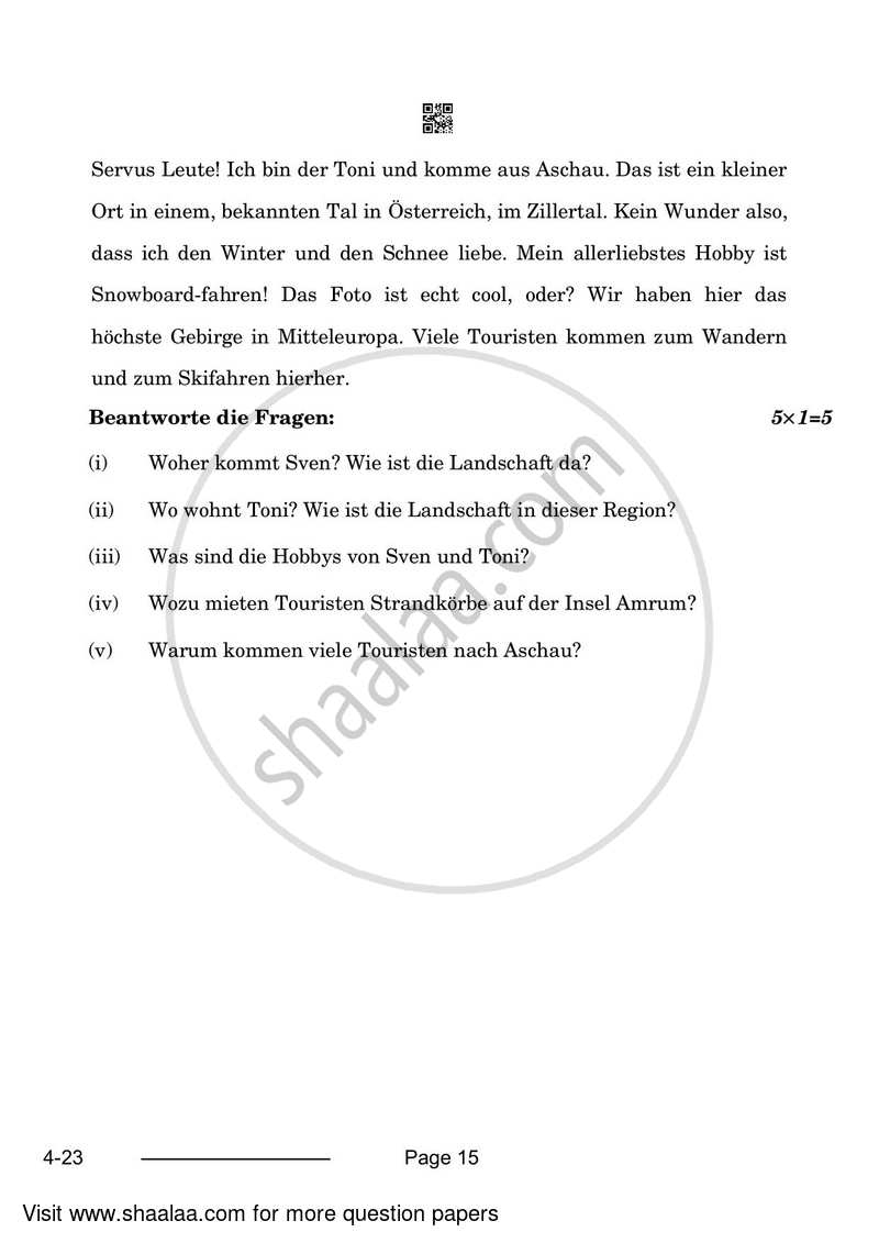 German 2023-2024 Class 10 - CBSE (Central Board of Secondary Education) question paper with PDF download