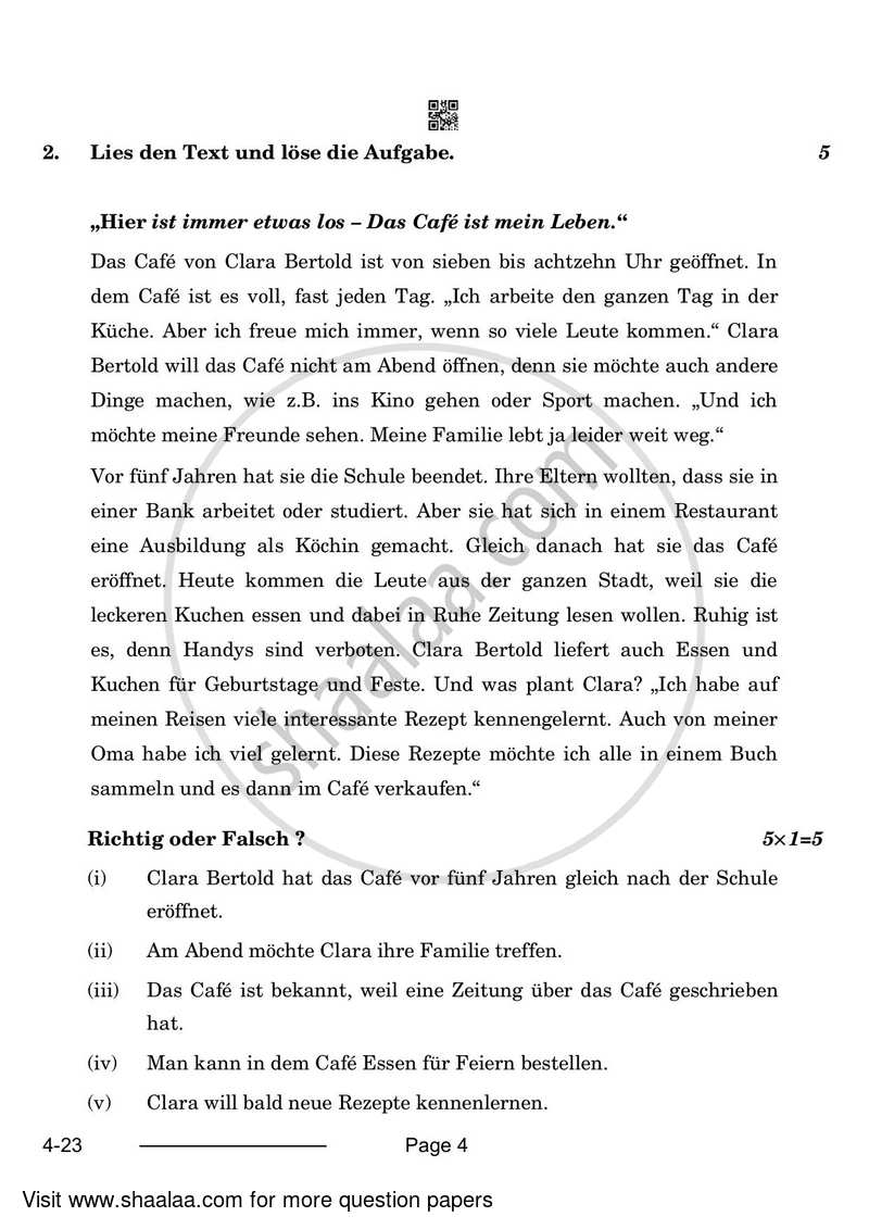 German 2023-2024 Class 10 - CBSE (Central Board of Secondary Education) question paper with PDF download