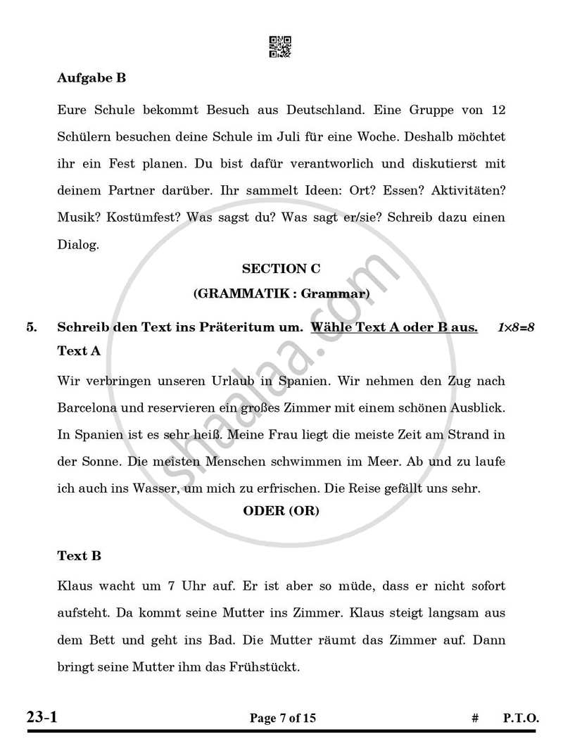 German 2024-2025 Class 10 - CBSE (Central Board of Secondary Education) question paper with PDF download