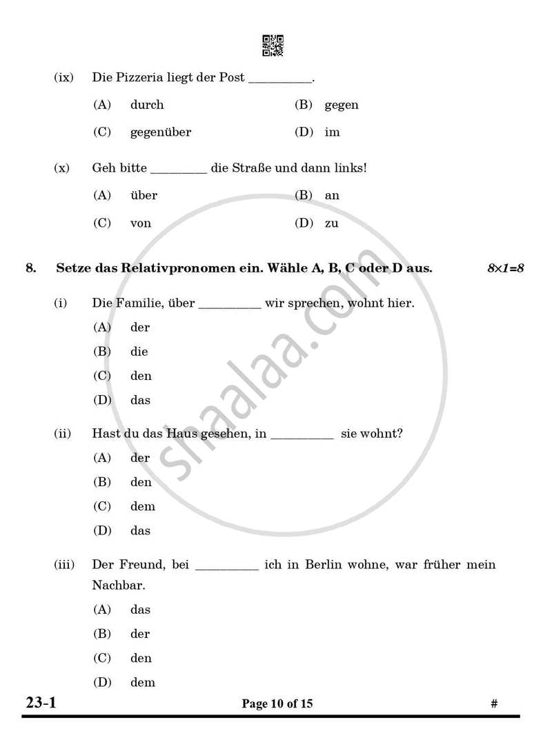 German 2024-2025 Class 10 - CBSE (Central Board of Secondary Education) question paper with PDF download