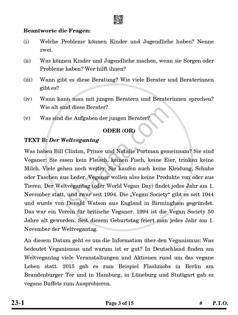 German 2024-2025 Class 10 - CBSE (Central Board of Secondary Education) question paper with PDF download