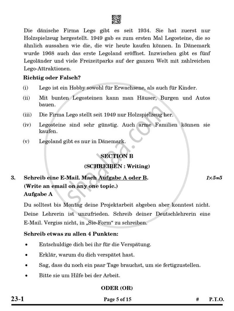 German 2024-2025 Class 10 - CBSE (Central Board of Secondary Education) question paper with PDF download
