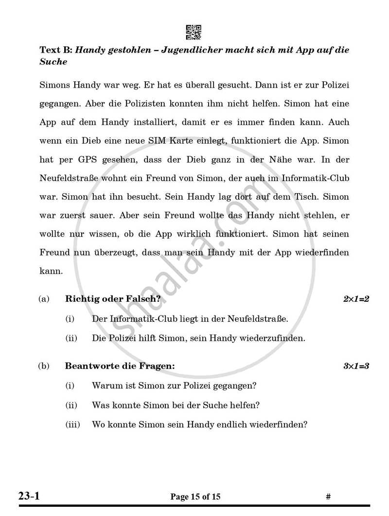 German 2024-2025 Class 10 - CBSE (Central Board of Secondary Education) question paper with PDF download