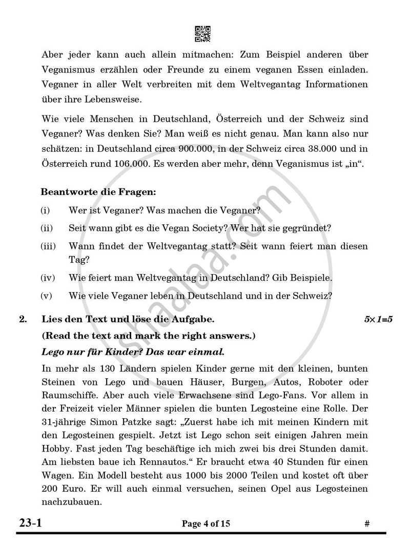 German 2024-2025 Class 10 - CBSE (Central Board of Secondary Education) question paper with PDF download