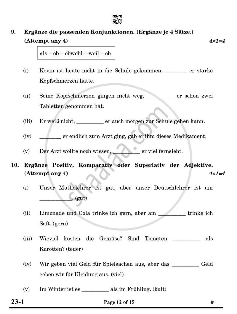German 2024-2025 Class 10 - CBSE (Central Board of Secondary Education) question paper with PDF download