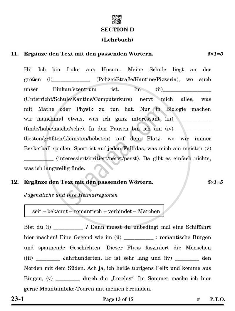 German 2024-2025 Class 10 - CBSE (Central Board of Secondary Education) question paper with PDF download