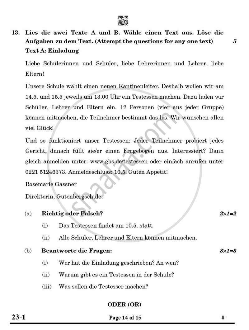 German 2024-2025 Class 10 - CBSE (Central Board of Secondary Education) question paper with PDF download