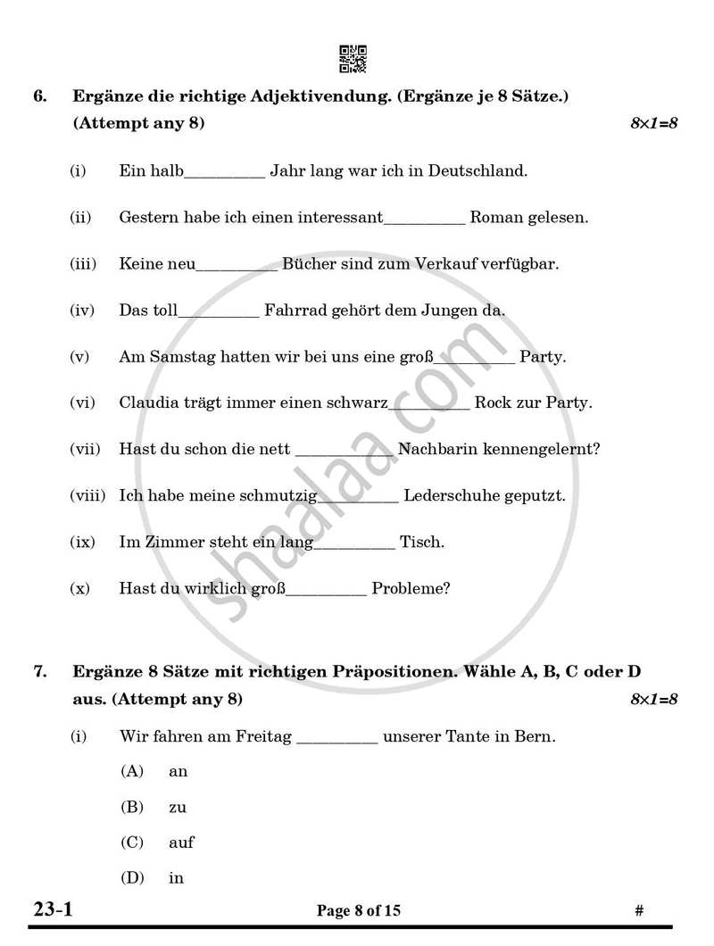 German 2024-2025 Class 10 - CBSE (Central Board of Secondary Education) question paper with PDF download