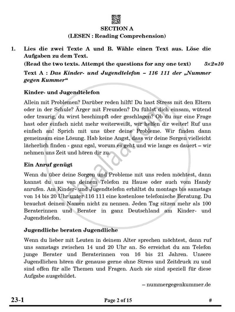 German 2024-2025 Class 10 - CBSE (Central Board of Secondary Education) question paper with PDF download