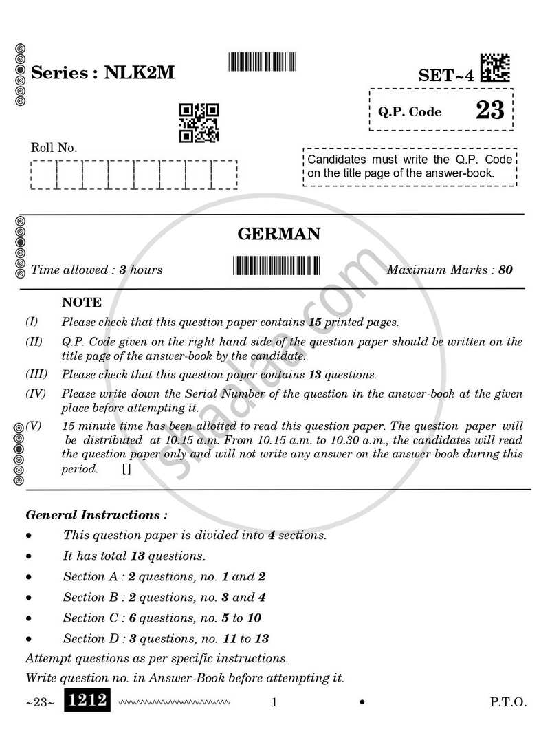German 2025-2026 Class 10 - CBSE (Central Board of Secondary Education) question paper with PDF download