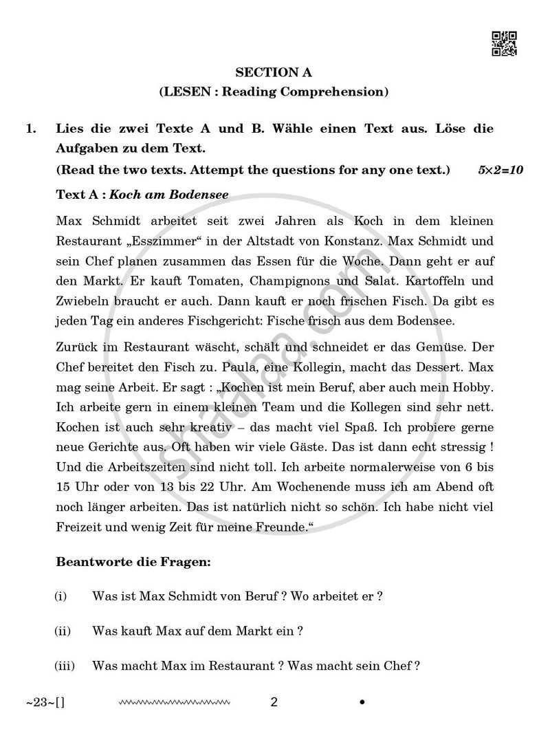 German 2025-2026 Class 10 - CBSE (Central Board of Secondary Education) question paper with PDF download