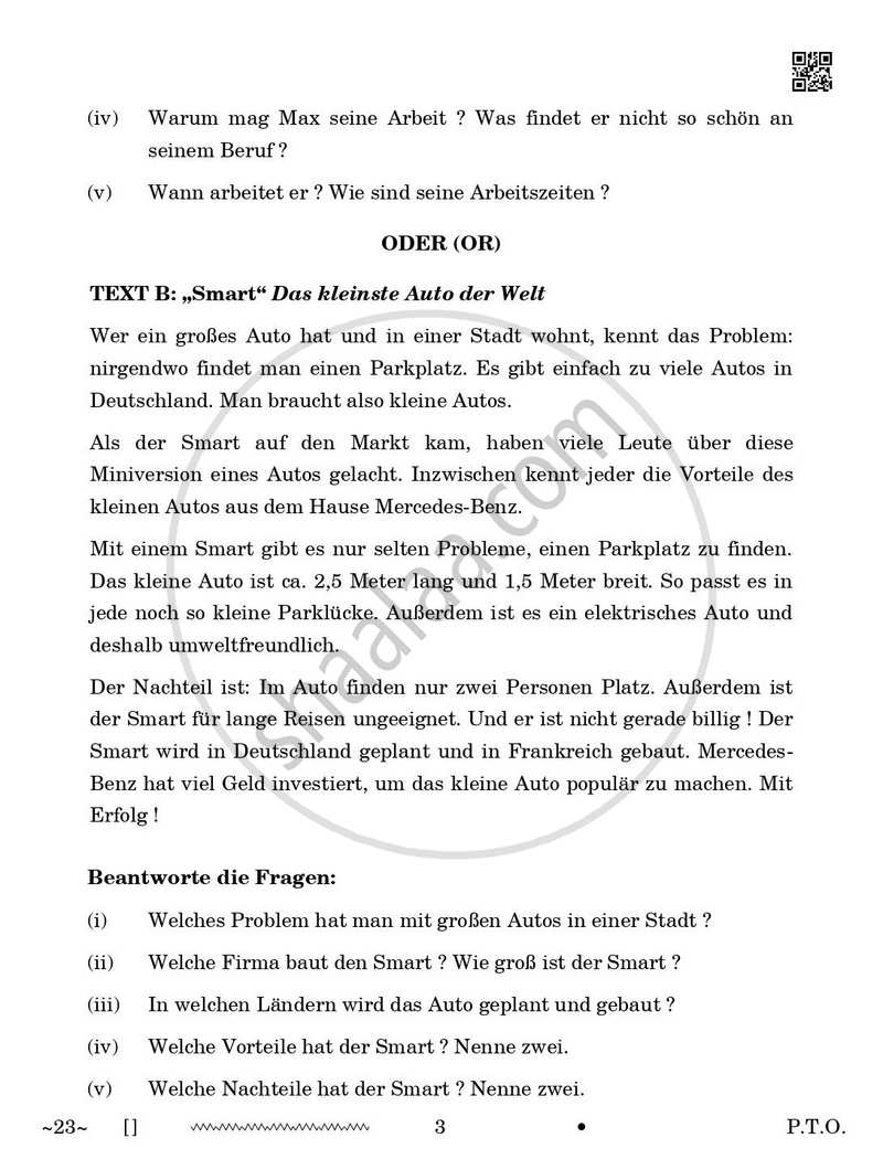 German 2025-2026 Class 10 - CBSE (Central Board of Secondary Education) question paper with PDF download