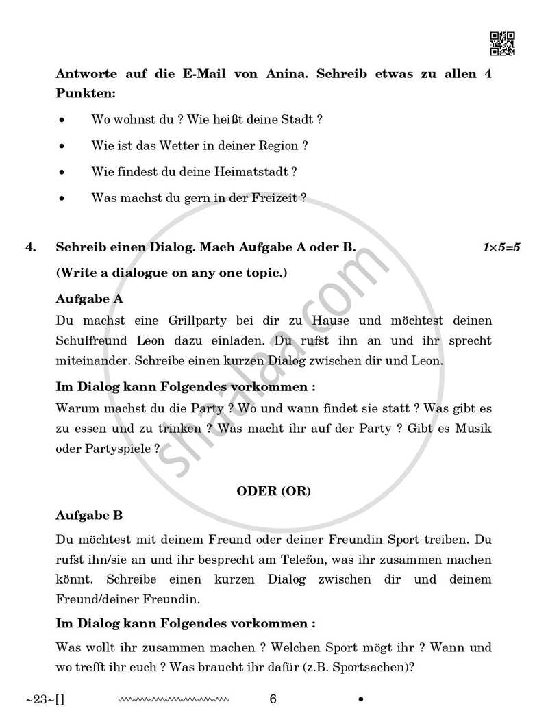 German 2025-2026 Class 10 - CBSE (Central Board of Secondary Education) question paper with PDF download