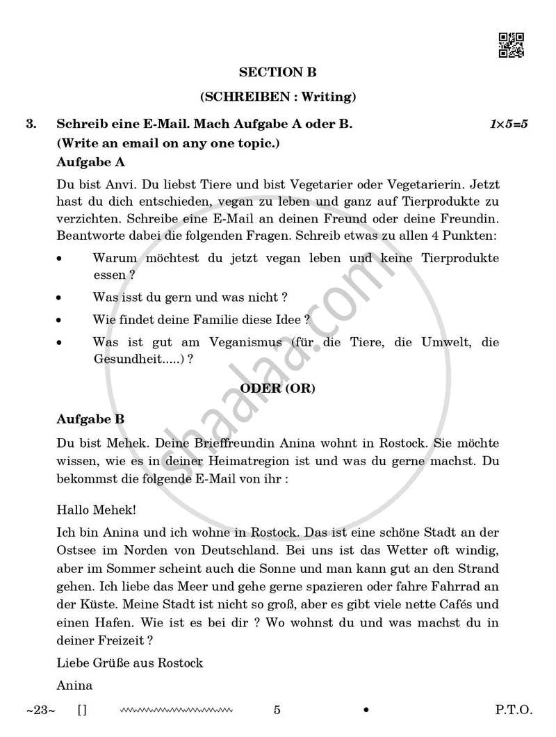 German 2025-2026 Class 10 - CBSE (Central Board of Secondary Education) question paper with PDF download