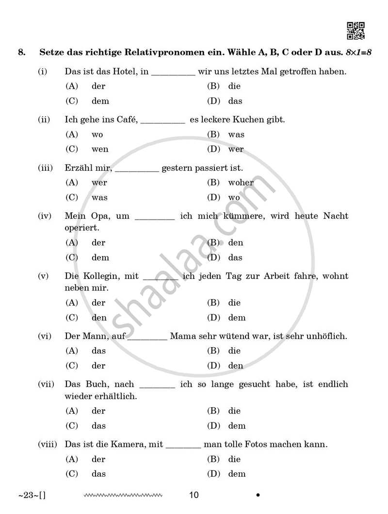German 2025-2026 Class 10 - CBSE (Central Board of Secondary Education) question paper with PDF download