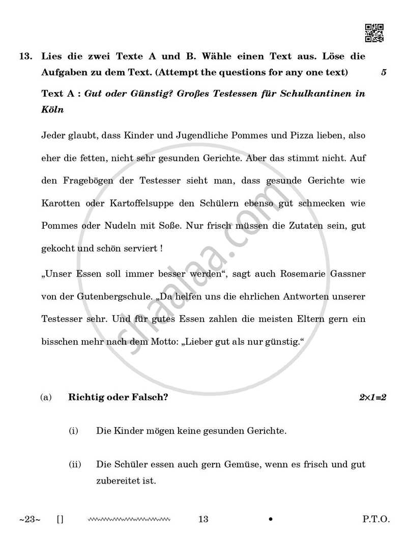 German 2025-2026 Class 10 - CBSE (Central Board of Secondary Education) question paper with PDF download