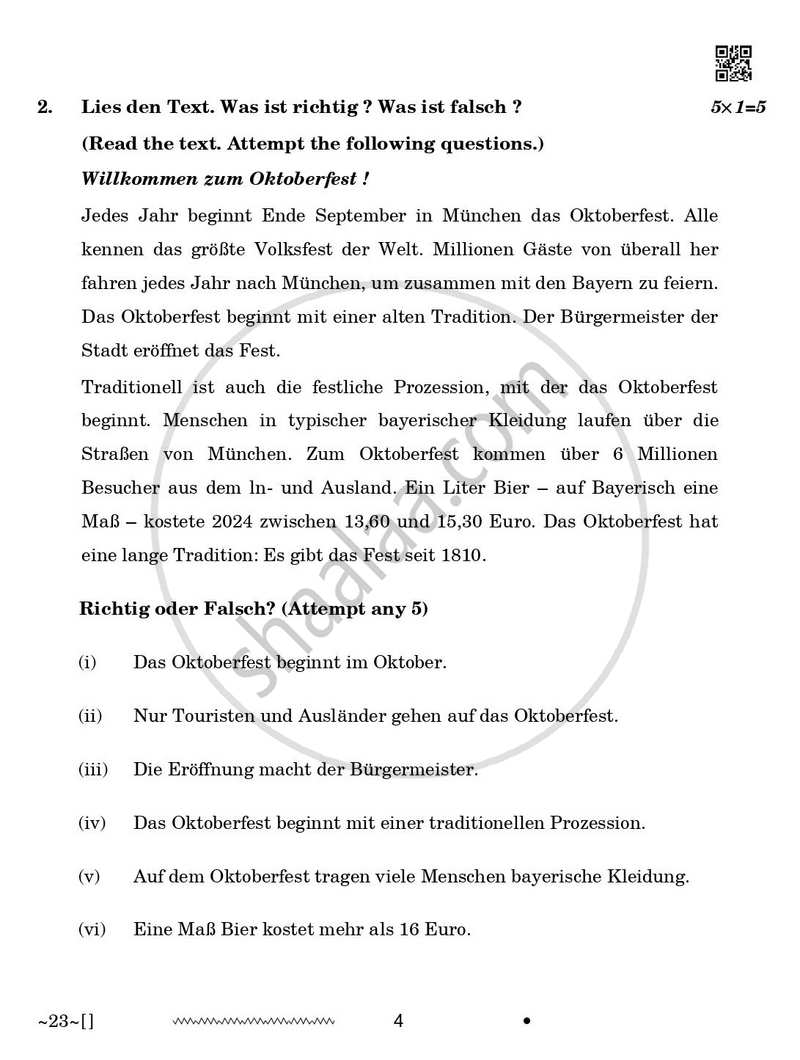German 2025-2026 Class 10 - CBSE (Central Board of Secondary Education) question paper with PDF download