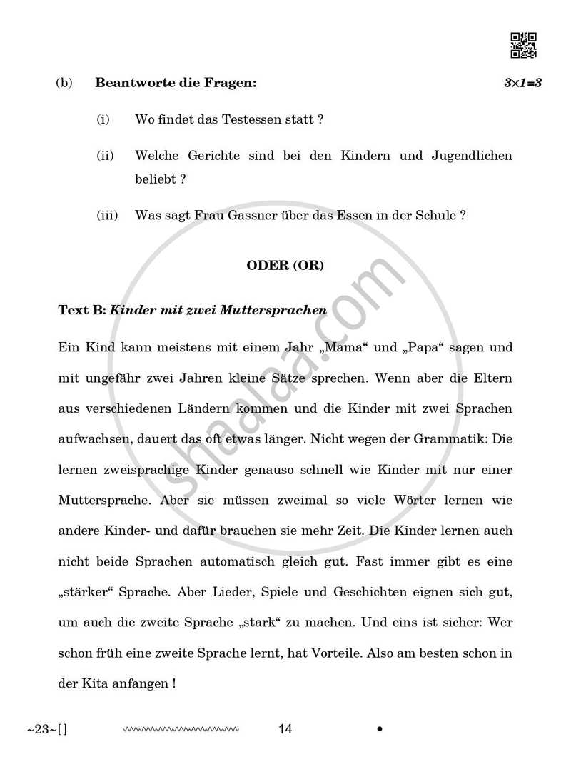 German 2025-2026 Class 10 - CBSE (Central Board of Secondary Education) question paper with PDF download