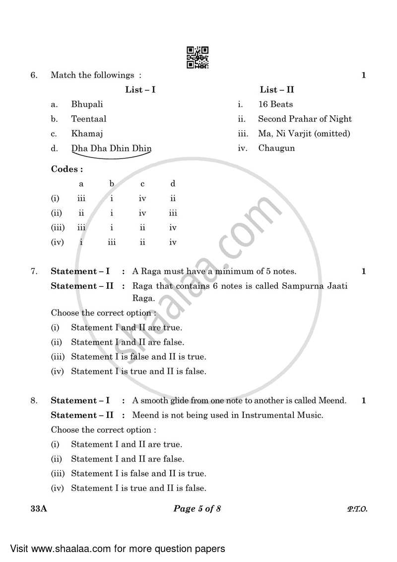 Hindustani Music Melodic Instruments 2022-2023 Class 10 - CBSE (Central Board of Secondary Education) question paper with PDF download