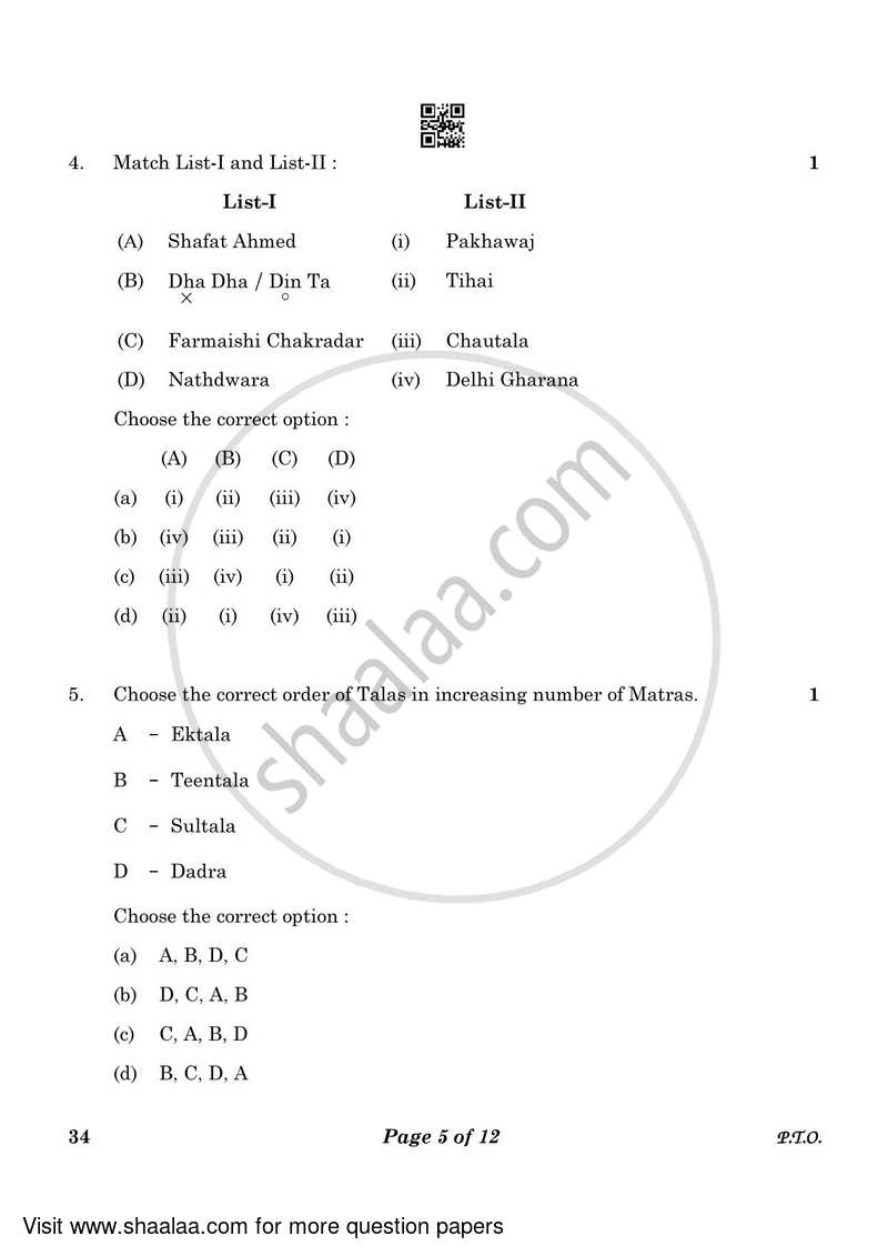 Hindustani Music Percussion Instruments 2022-2023 Class 10 - CBSE (Central Board of Secondary Education) question paper with PDF download
